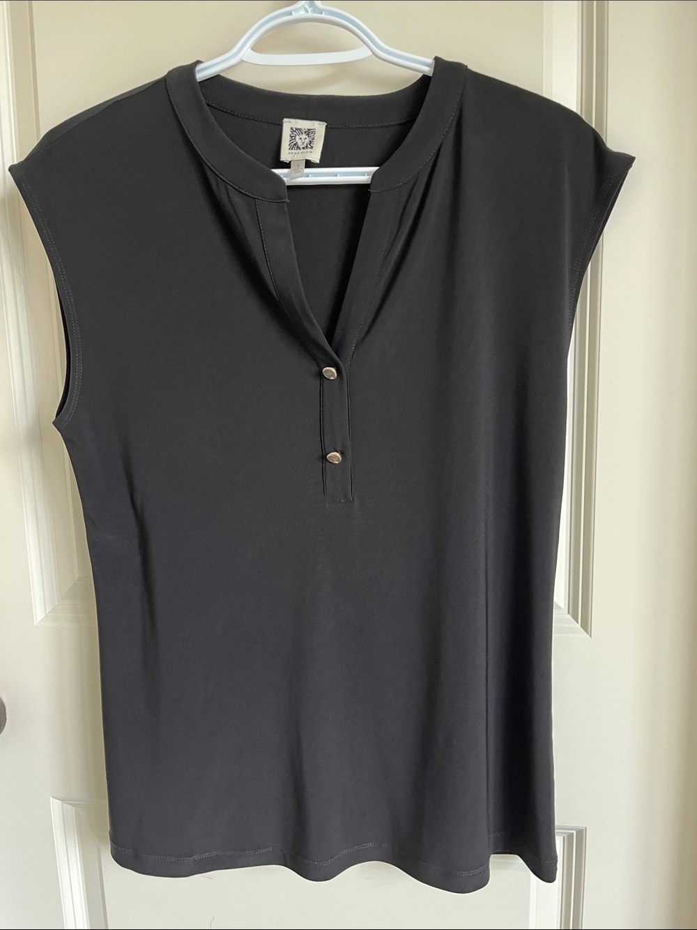 Anne Klein Black Sleeveless Henley Tank with Button Placket